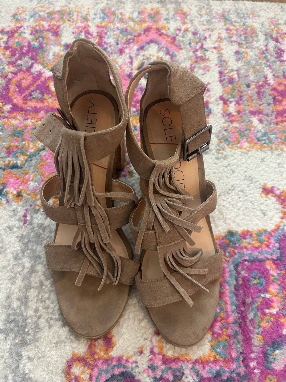 Sole Society Taupe Suede Fringe Block Heels